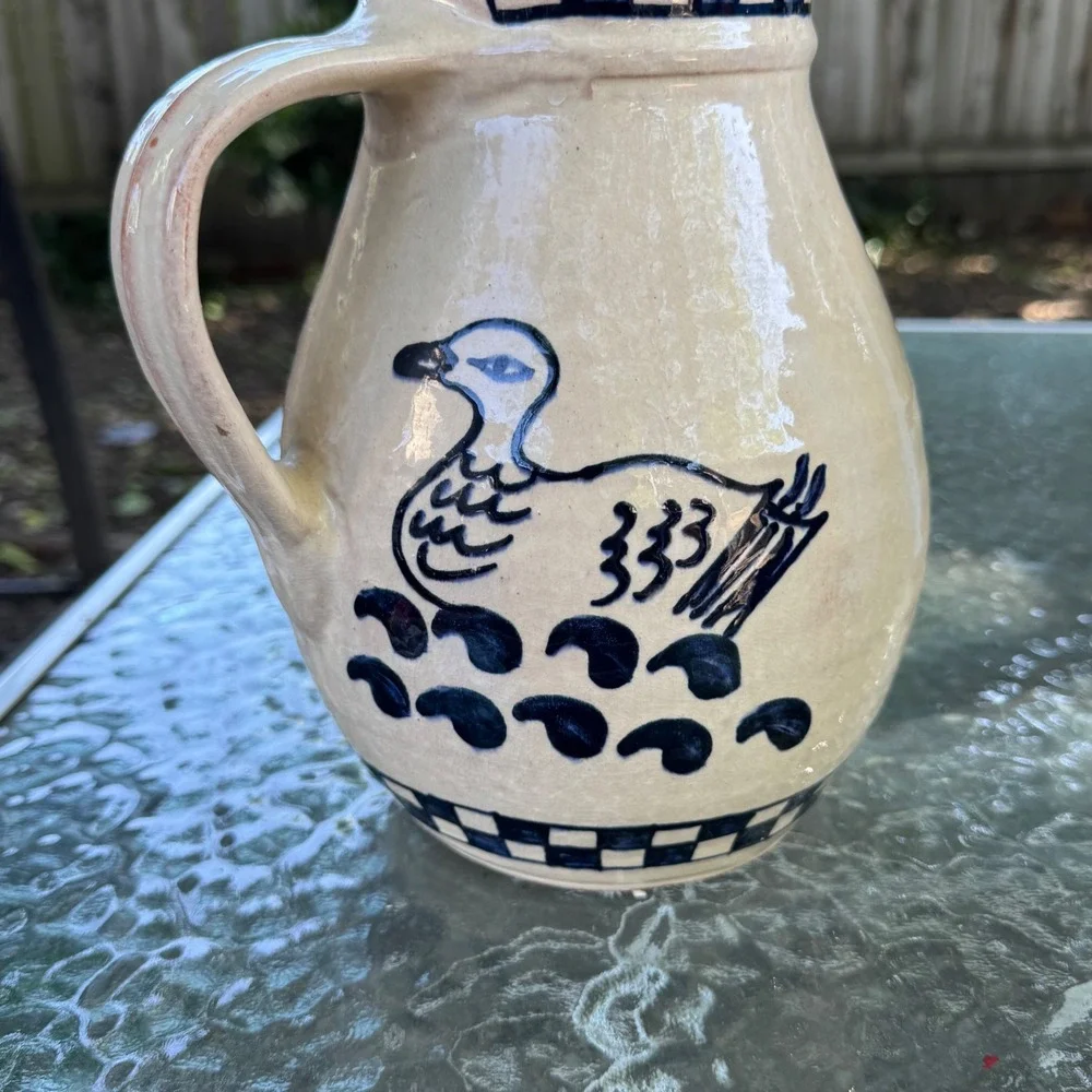 Vintage Hand Painted Stoneware Pitcher Blue Cobalt‎ Duck Folk Art Pottery 9 inch